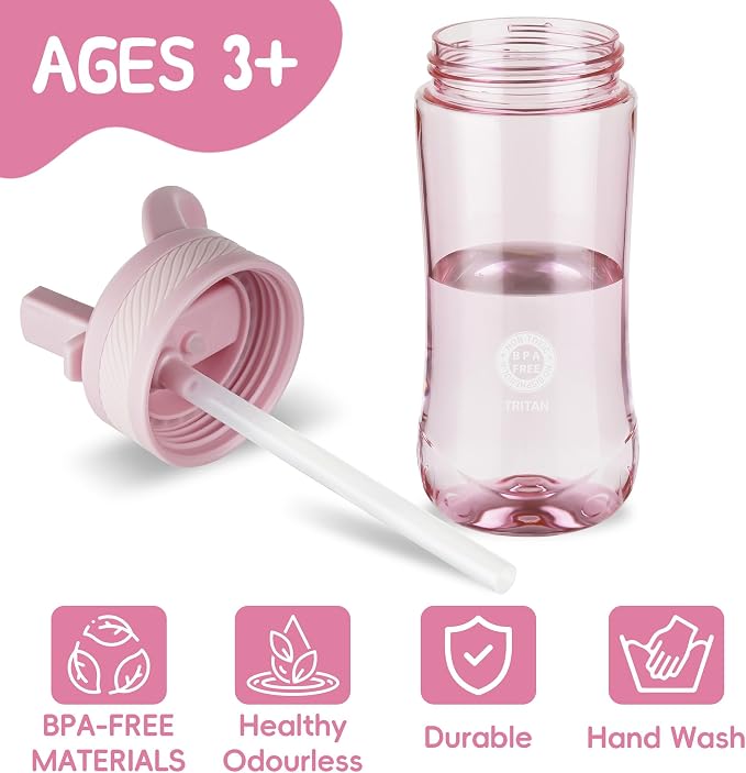 14oz Clear Kids Water Bottle with Straw Lid, BPA-Free Tritan, Measurement Scale, Sturdy Handle Wide Mouth Leak-proof Reusable Plastic Bottle for Boy& Girls, Back to School(Pink)
