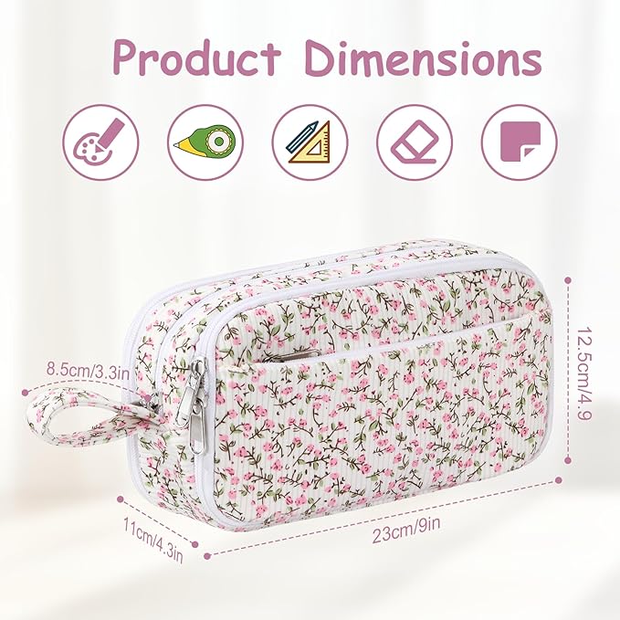 BuyCard Big Capacity Pencil Pouch, Pink Floral Corduroy 4-Compartment Pen Bag, Aesthetic Stationery Organizer for Teen Girls Women, Must-Have for Teacher, Makeup & Electrical Goods Storage Case