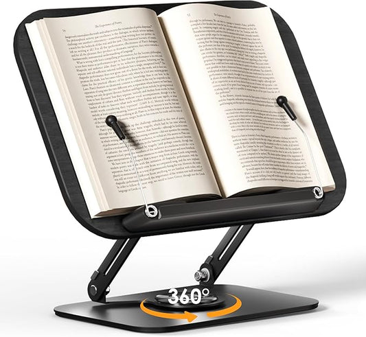 SupeDesk Book Stand for Reading, Adjustable Book Holder with 360° Rotating Bases, Foldable Designs, and Elastic Clips, Multifunctional Display Stand for Recipe, Cookbooks, Magazines, Tablets, Laptops