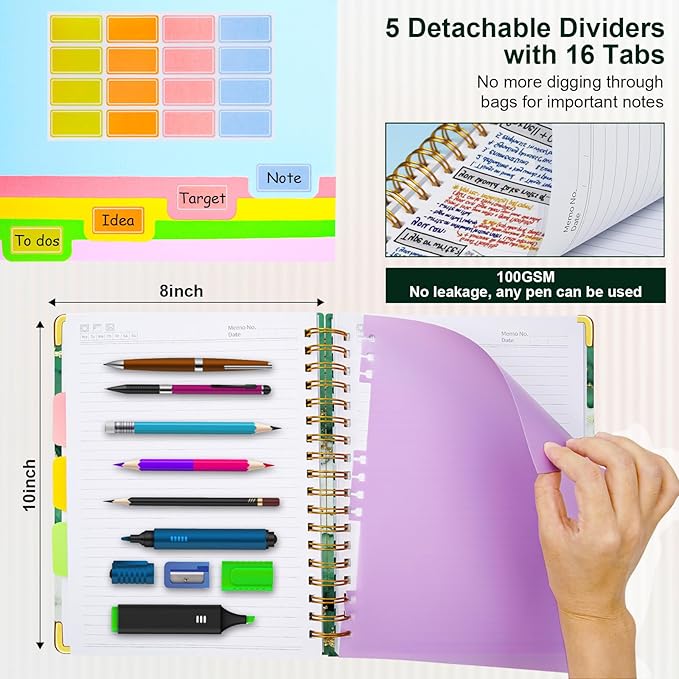 Spiral Journal Notebooks for Work, 300 Pages 5 Subject Notebook College Ruled with Dividers & Tabs, 8''x 10'' Large Notebook Journal for Women Students Note-Taking and Organizer (Teal Luxe Marble)