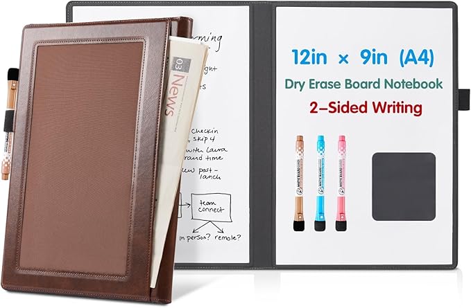 CoBak 2 Sides Portable White Board 12x9 inch (A4) - Notebook Design Dry Erase Board with Pocket and 3 Markers, Anti-Ghosting Set for Office, School, Homeschool (Brown)
