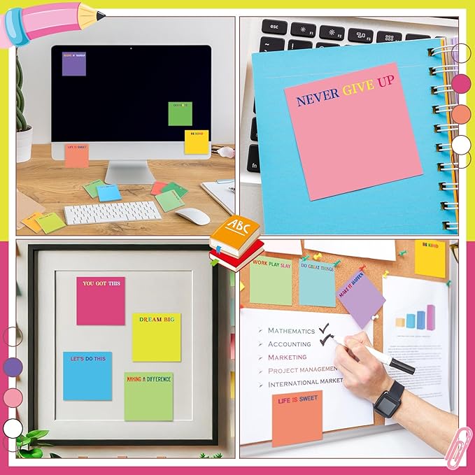 Yinder 24 Pcs Inspirational Sticky Notes Cute Motivational Sticky Notes Pad End of Year Employee Appreciation Gifts Bulk for Teacher Nurse Coworkers Office Supplies 3 x 3'' (Motivational,Bright Color)