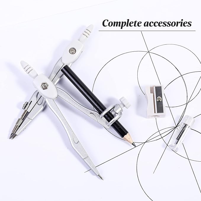 Unjoo Math Geometry Kit Sets 10 Piece Student Supplies with Shatterproof Storage Box,Includes Rulers,Protractor,Compass,Eraser,Pencil Sharpener,Lead Refills,Pencil,for Drafting and Drawings（Grey）
