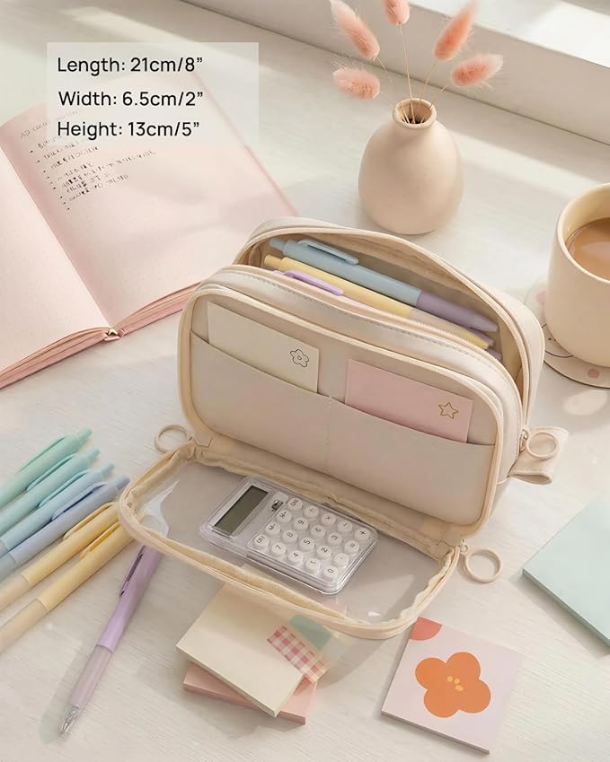 41Pcs Aesthetic Pink Office Supplies Set, All-in-One 5 Compartments Desk Organizer Kit with Large Capacity Pen Pouch, A5 Notebook for Women & Journaling (beige)