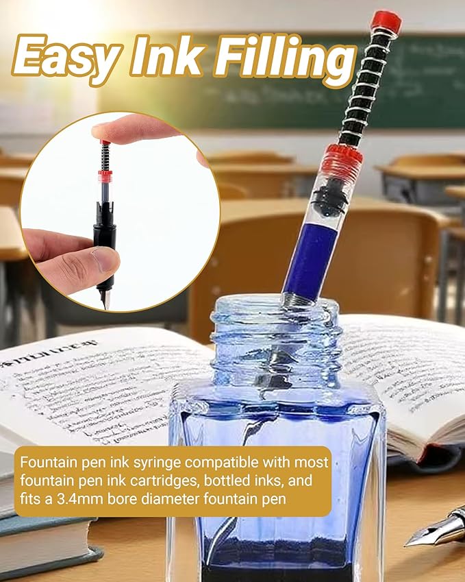 6-Pack Fountain Pen Ink Syringe with Spring-Loaded Plunger & Removable for Refilling Cartridges, Cleaning, Gluing, Extracting Perfume and More, Includes 2 Storage
