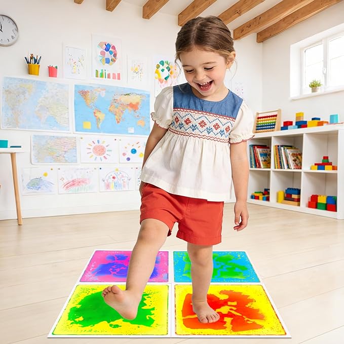 Liquid Sensory Floor Tiles for Kids: 12x12 Inch Active Play Mats for Kids Non-Toxic Leakproof - Non-Slip Color-Changing Pads Stress Relief & Motor Skills Toys for Autism Room