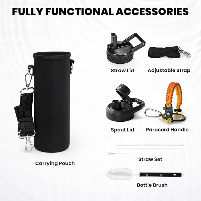 RAYMYLO Insulated Water Bottle 24oz, Triple Wall Vacuum Stainless Steel (Cold for 24Hrs, Hot for 12Hrs), Leak Proof & Non-BPA, 24oz Hydro Water Flask with Paracord Handle & Straw Spout Lids
