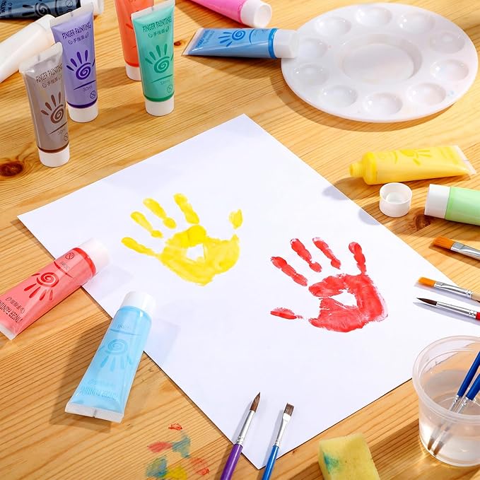 48 Pcs Washable Finger Paint Set for Kids Ages 3-12, Non-toxic Baby Safe Paint 12 Colors (1 Fl oz Each), Hand and Feet Painting Art Supplies, Preschool Learning Activities Gifts for Kids