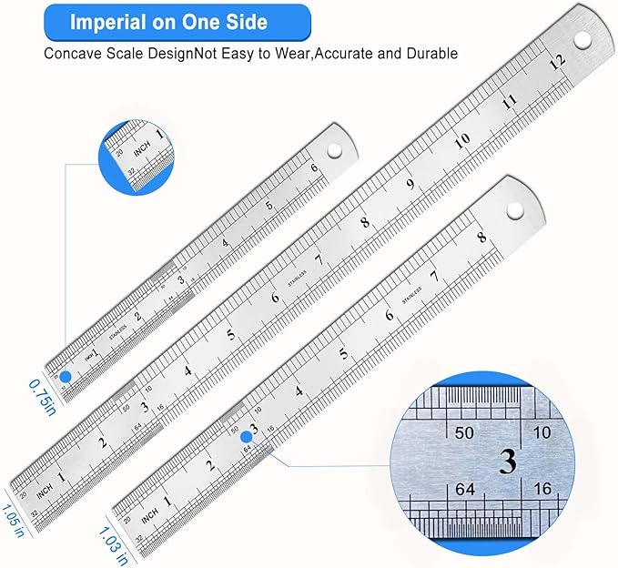 3 Pack Metal Ruler, Double-Sided Scale【6,8,12inch & 15,20,30cm】 Steel Ruler Set for Architects, Home, School, Office and Craft