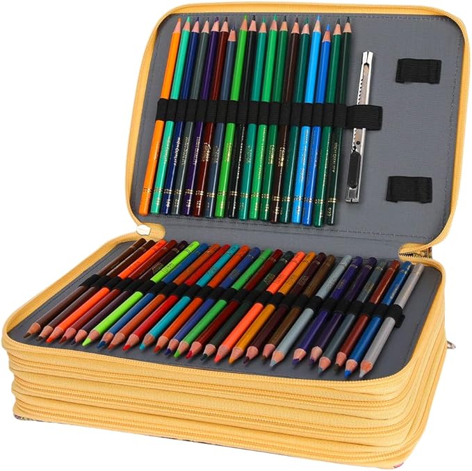 Vomgomfom 200 Slots Pencil Bag, 4-Layer Zipper Portable Art Supply Organizer, PU Leather Large Capacity Colored Pencil Case with Handle for 200 Watercolor Pens, Gel Pens (Yellow Flower)