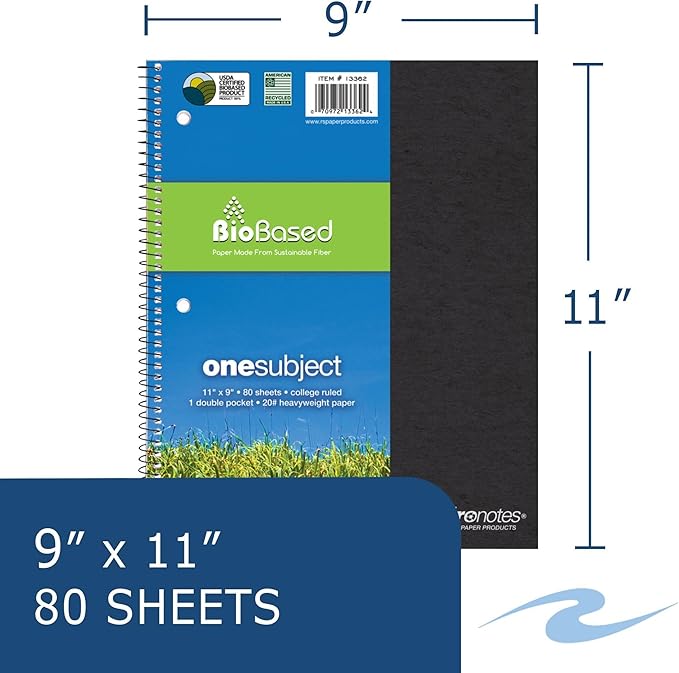 Roaring Spring Environotes Recycled Spiral Notebook, 1 Subject, 24 Pack, 11" x 9", 80 Perforated Sheets, 20 lb Bio-Based Paper, College Ruled w/ Margin, Assorted Earthtone Covers, Double Pocket, Made in USA