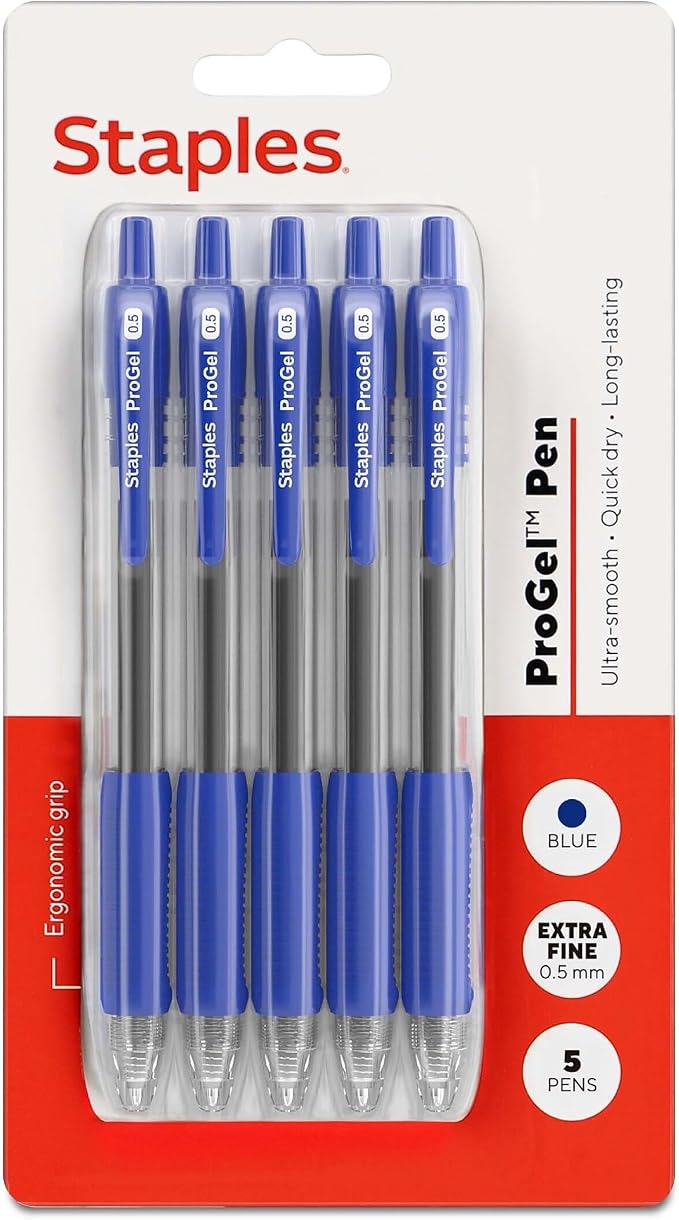 STAPLES ProGel Retractable Gel Pen, Extra Fine Point, 0.5mm, Blue Ink, 5/Pack