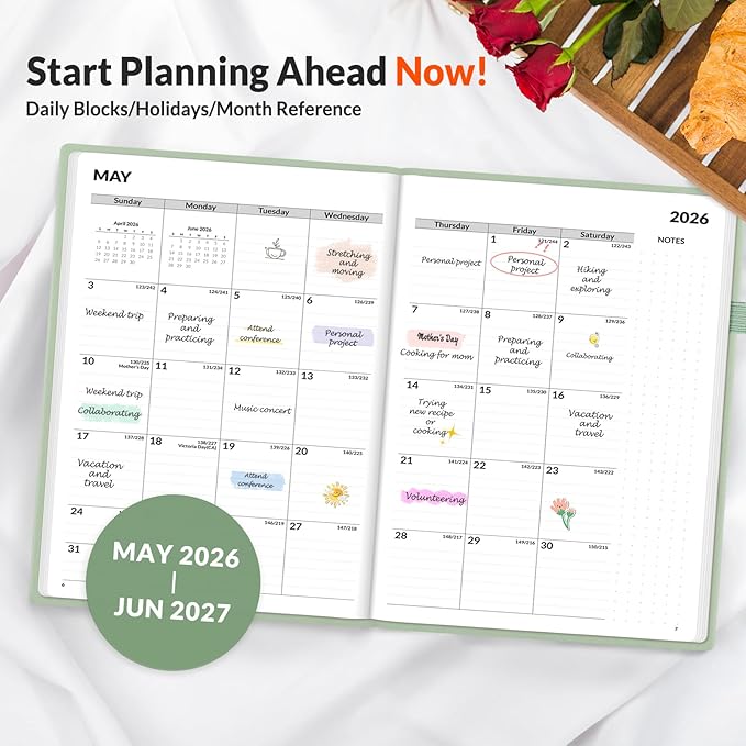 SUNEE 2026-2027 Weekly & Monthly Hardcover Planner 5.5" x 8.3" - 12 Month (July 2026 - June 2027), Small Academic Year Calendar Planner, Pocket, Notes, 100 GSM Paper, Sage Green