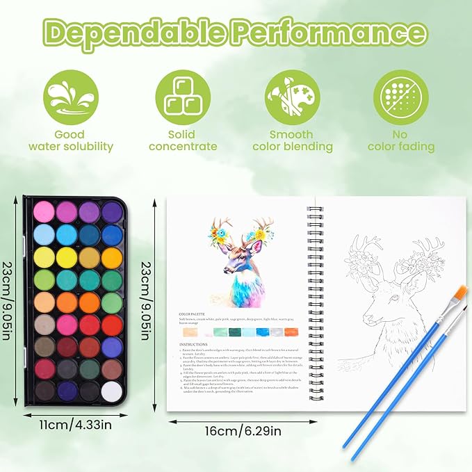 watercolor workbook - 13 Different Patterns of Original DIY Designs | water color book set| Watercolor Paint Set (including a 36-colors palette and brushes), suitable as an exploration gift for adults and teenagers (flowers & animals)