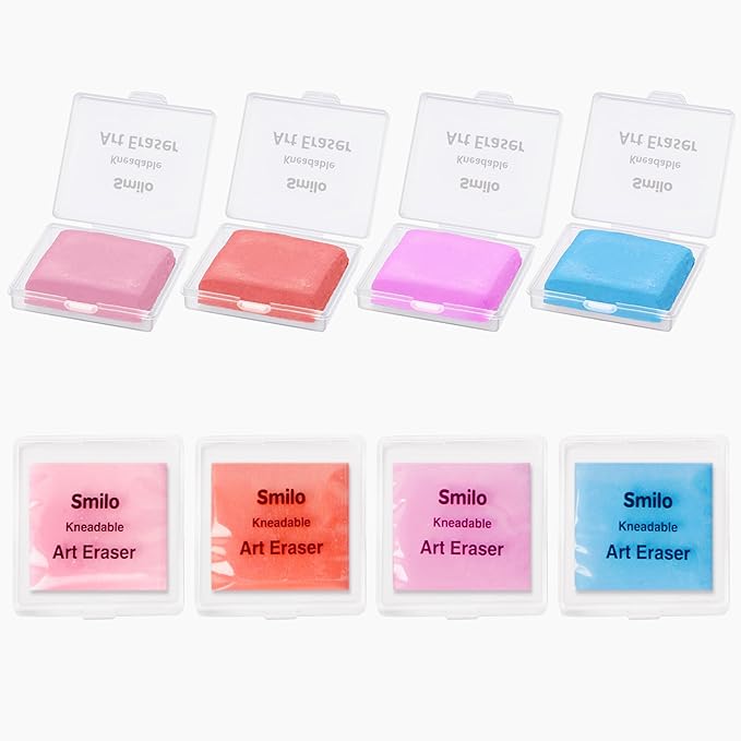 Smilo Kneaded Erasers for Artists, 8-Pack (4 Colors - 2 Each) | Reusable, Dust-Free, No Smudge | Moldable Putty Eraser with Case | Ideal for Drawing, Sketching, Students