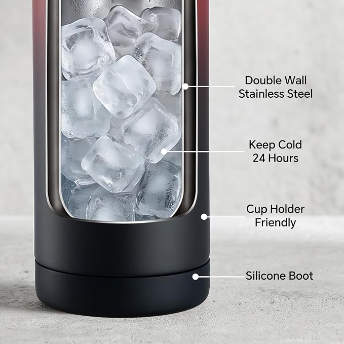 Fijinhom 24 oz Insulated Water Bottle with Straw Lid, Stainless Steel Water Bottles, Double Wall Vacuum, Portable Handle & Non-slip Bottom, BPA Free Leak Proof Metal Bottles, Keep Cold 24H, Red/Black