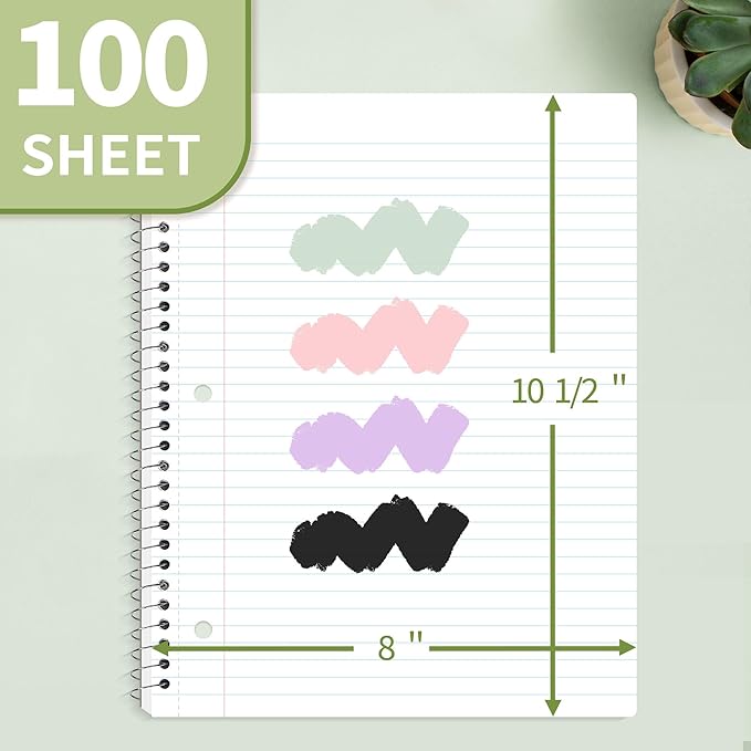 SUNEE Spiral Notebook, 1-Subject, College Ruled Paper, 8" x 10-1/2", 100 Sheets per Notebook, 3-Hole Punched Paper, Water Resistant Cover, Double-sided Pockets, Spiral Lined Notebooks for Work, Green