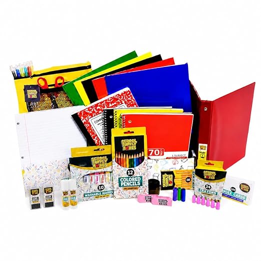 Elementary School Essentials Bundle | Case (4 Boxes) - 91 Pieces per Box | School Supply Boxes - Back to School Essentials | Includes Binders, Folers, Notebooks, Paper, Pencils, Pens, & More