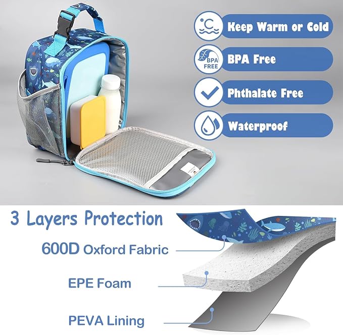CaCTOUR Lunch Box Kids,Premium Insulated Lunch Bag for Girls Boys,Soft Bag Mini Cooler Back to School Thermal Reusable Lunch Bag for Work School Picnic (Shark)