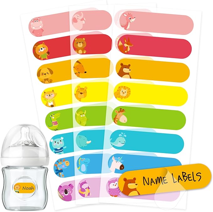 Baby Bottle & Daycare Name Labels, Self-Laminating Waterproof Stickers for Kids Stuff, Dishwasher Safe Write-On Name Tags for School & Home, Assorted Sizes & Colors, Pack of 64 (Animal Friends)