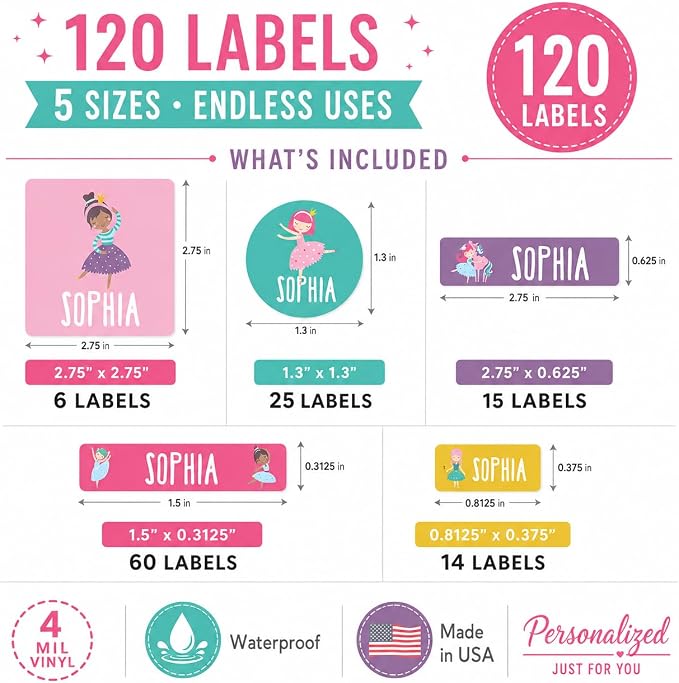 Andaz Press Custom Personalized Waterproof School Name Labels, Ballerina, 120-Pack, Kids Labels Combo Pack, Customizable Multi-Use Name Stickers Back to School Supplies Custom Name Stickers