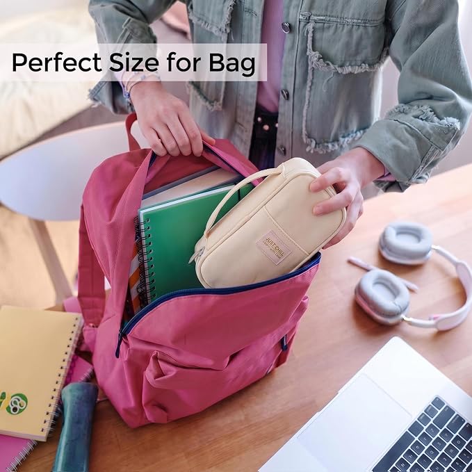 SKYDUE Beige Pencil Case for Girls & Boys – Large Capacity Zippered Pencil Pouch with Multi-Compartment, Aesthetic Pencil Bag for School & Office Supplies
