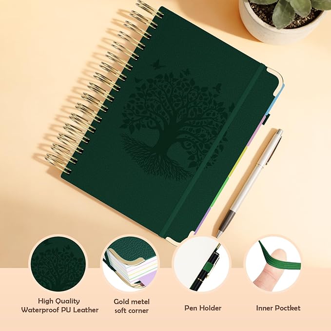 Hardcover Spiral Notebook, B5 Journal with Removable Dividers Tabs, 5 Subject Notebook College Ruled, 320 Pages 8"x10" Leather Notebooks for Work School Study, Lined Journal for Women, Dark Green