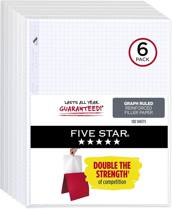 Five Star Loose Leaf Graph Paper, 6 Pack, Reinforced Filler Paper, 8.5 x 11, 100 Sheets per Pack