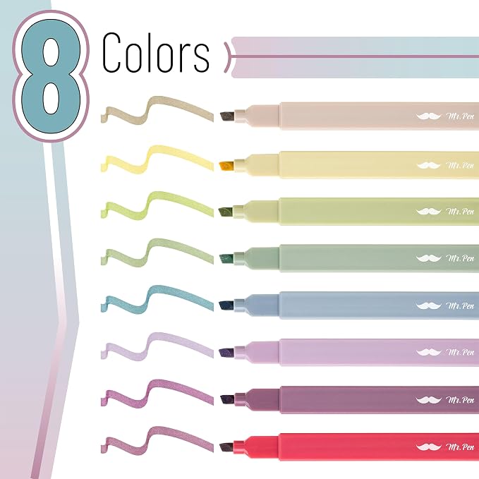 Mr. Pen- Aesthetic Highlighters, 8 Pcs, Chisel Tip, Muted Pastel Color, No Bleed Bible Highlighter Pastel, Assorted Colors | 8 pcs, Cute Highlighter for Journaling Supplies and School Accessories, Bible Highlighters and Pens No Bleed