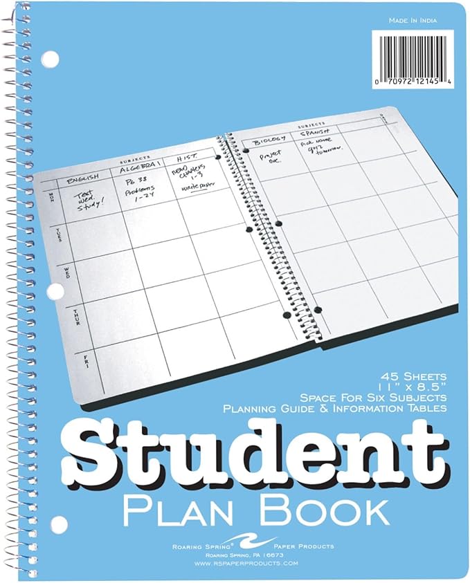 Roaring Spring Student Plan Book, 40-Weeks: Six-Subject Day, Blue/White Cover, (100) 11 x 8.5 Sheets
