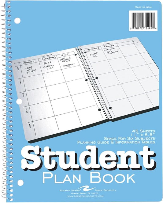 Roaring Spring Student Plan Book, 40-Weeks: Six-Subject Day, Blue/White Cover, (100) 11 x 8.5 Sheets