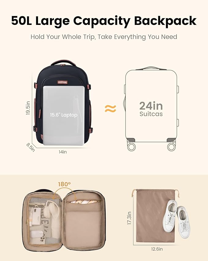 LOVEVOOK 50L Travel Backpack for Men & Women, Airline Approved Carry On Luggage, TSA Personal Item Bag fits 17 Inch Laptop, Waterproof Weekender Overnight Suitcase for Work, Black