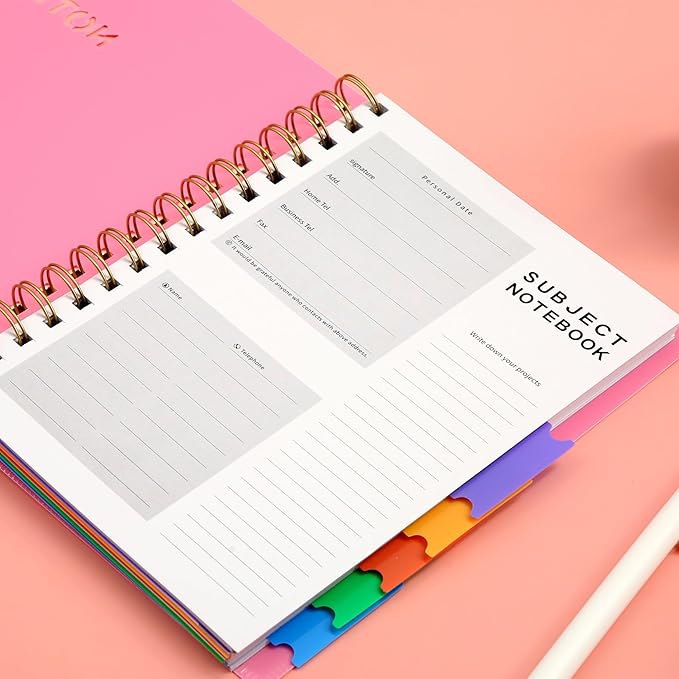 CAGIE 2 Pack Spiral Notebooks for School Work with Removable Dividers Tabs, Small A5 5 Subject Notebook College Ruled, Lined Journaling Notebook for Women Men Writing, Pink