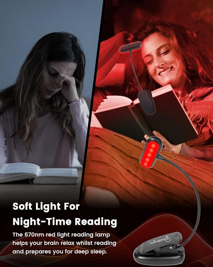 670nm Red Light Book Light LED Rechargeable USB-C Clip On Book Lights for Reading at Night, 100% No Blue-Light Eye Care Book Lamp 360° Flexible, Gift for Kids, Travel, Learning