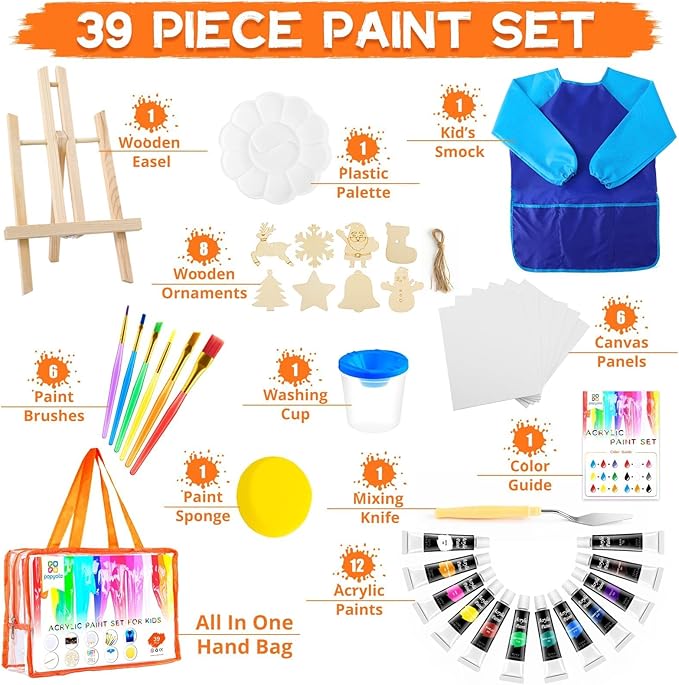 POPYOLA Acrylic Paint Set for Kids, Non Toxic Kids Painting Set with Tabletop Easel, Acrylic Paints, Smock, Canvases, Wooden Stencils, Brushes, Painting Kit Gift for Beginner Student Toddlers