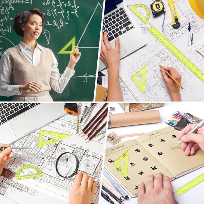 Plastic Clear Ruler Math Set, 6" | 12" Straight Ruler Protractor, 2 Protractors 180 Degree 2 Triangle Rulers 45 | 60 Degree 2 Straight Rulers Measuring Tool for School Office Home Supplie, Yellow