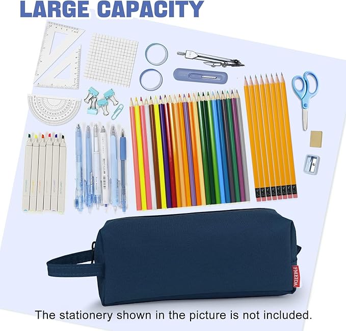 Fmeida Pencil Case Pouch - Water Resistant Pencil Pouch Portable Pencil Bag Simple Office Stationery Pouch with Handle - Navy Blue