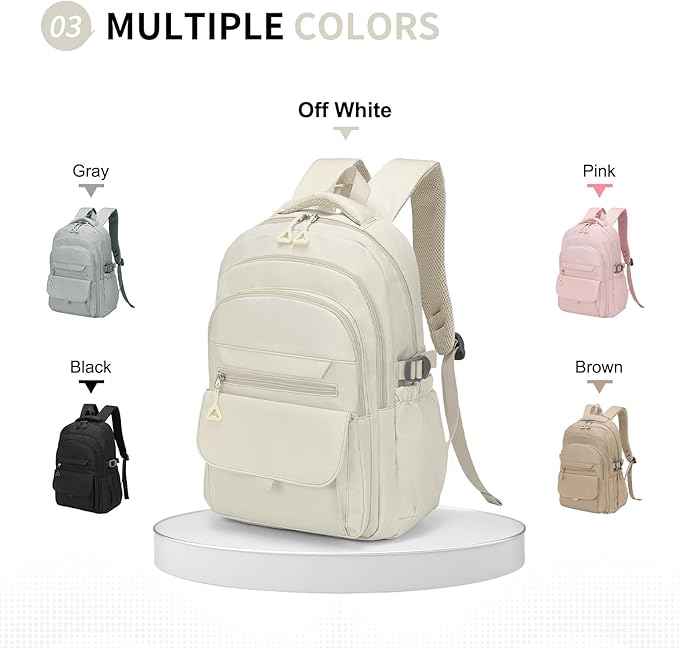 Aesthetic Daypack Backpack, Water-Resistant 15.6" Laptop Backpack for Women and Men, Featuring Touch-Fastener and Anti-Theft Pockets (White)