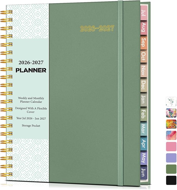 Academic Planner 2026-2027, Weekly and Monthly Calendar Planner from July 2026 - June 2027, 8.5" x 11" A4 Large Daily Agenda Book with Tabs, Flexible Cover, College School Organizer for Student Teacher,Green
