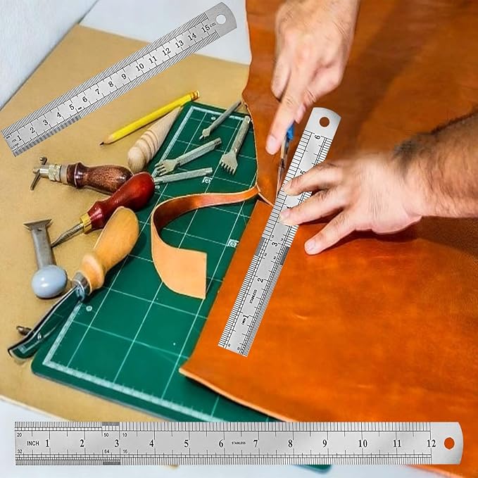 2 Pack Metal Ruler, Double-Sided Scale【6,12inch/15,30cm】 Steel Ruler Set for Architects, Home,School， Office, and Craft