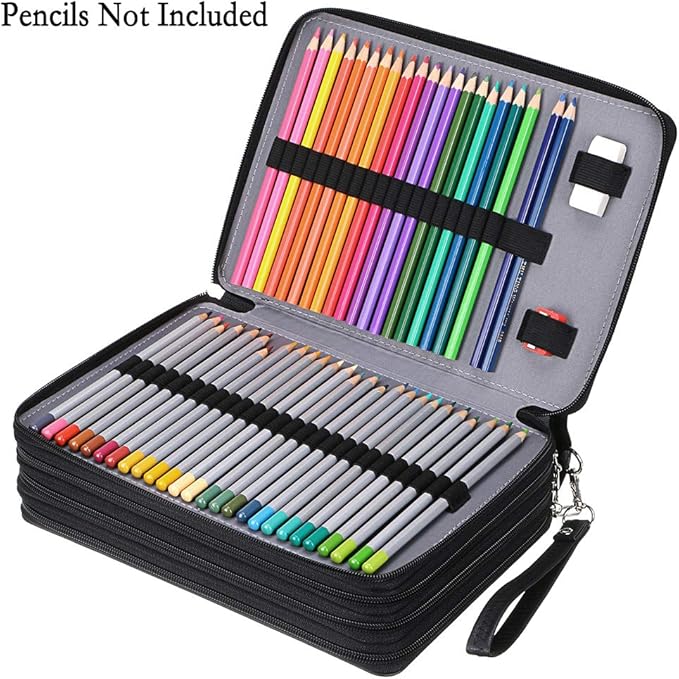 BTSKY 200 Slots Colored Pencil Organizer - Deluxe PU Leather Pencil Case Holder with Removal Handle Strap Pencil Box Large for Colored Pencils Watercolor Pencils (Black)
