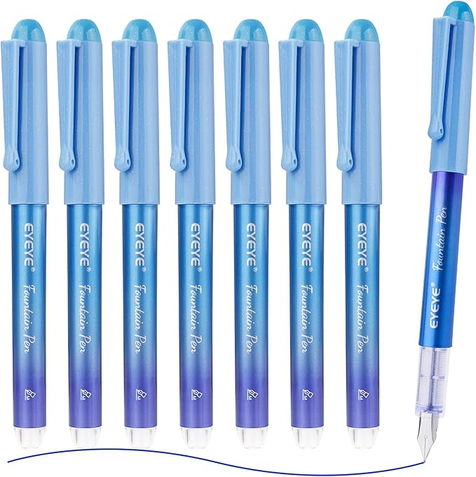 EYEYE Disposable Fountain Pens for Writing, Pack of 8 Blue Fountain Pens Medium Point Stainless Steel Nib