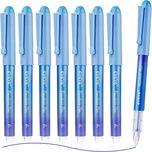 EYEYE Disposable Fountain Pens for Writing, Pack of 8 Blue Fountain Pens Medium Point Stainless Steel Nib