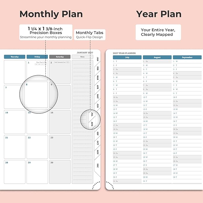 Planner 2026-2027 Daily Weekly and Monthly,8.5"x6.5",18 Months Spiral Bound Calendar Agenda with Self-adhesive Pen Holder,2026 Academic Plan with Vegan Leather Soft CoverPink