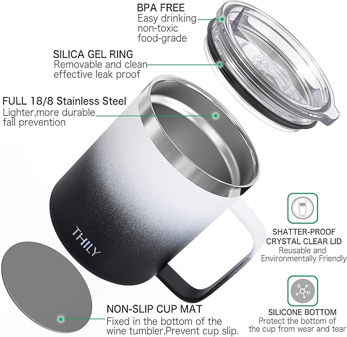 THILY Stainless Steel Insulated Travel Mug 12 oz Vacuum Insulated Coffee Cup with Handle, Spill-proof Lid, Keep Coffee Cold or Hot, Black & White