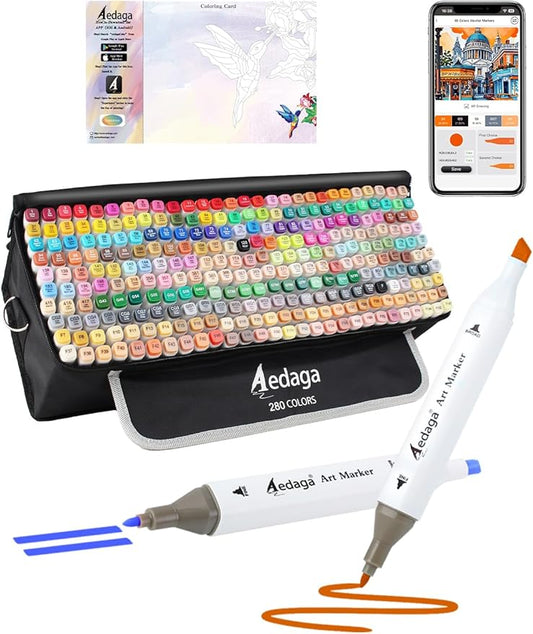 YHC 280 Colors Alcohol Markers with Free APP, Alcohol-Based Dual Chisel & Fine Tips Markers with Kickstand Case for Adult Coloring, Drawing, Painting and Sketching, Great Gift Idea for Artists