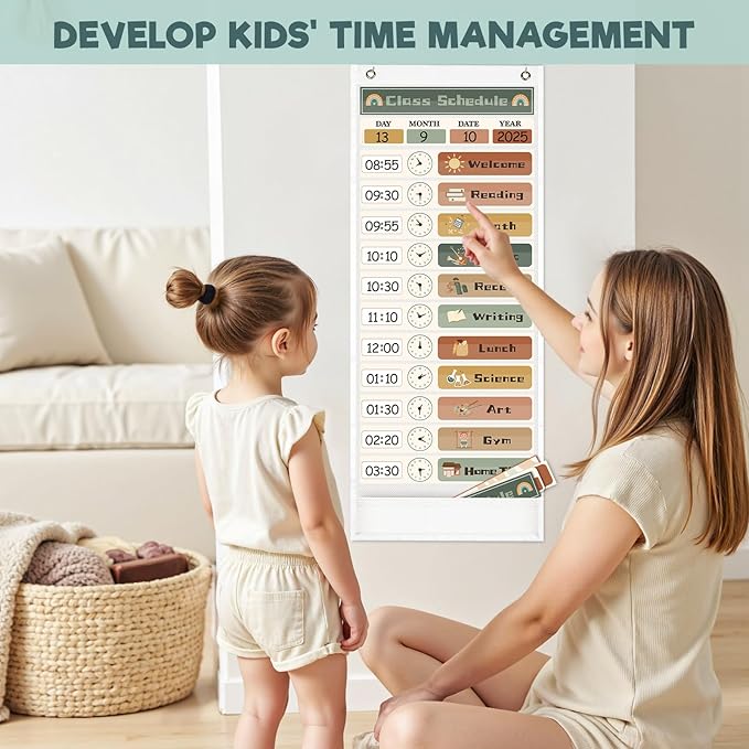 Daily Schedule Pocket Chart for Kids Management, 13+1 Pockets with 30 Cards Visual Time Reusable Dry-Eraser Schedule, Teacher Supplies for Boho Classroom Homeschool Decor
