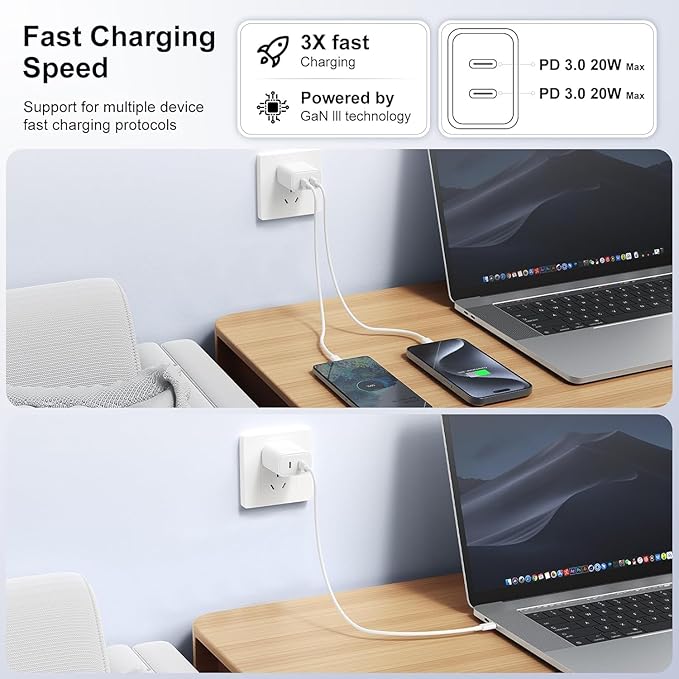 Susnwere 40W Dual USB C Charger Block, 2-Port 40W Fast USB-C Power Adapter Wall Charger Plug Type C Charging Block for Laptop Computer & Tablets/Phones iPhone 15/14/13/12/11/X, iPad