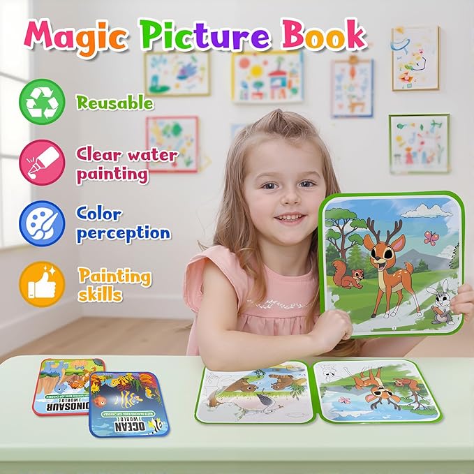 Water Painting Books for Toddlers, 4 Pack Reusable Magic Water Coloring Book with Water Pen Fairy Tale for Ages 3+, Water Doodle Book Travel Toys for Kids(Mix-4color)