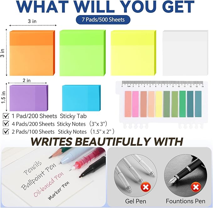 500 Sheets Transparent Sticky Notes with Index Tab, Waterproof & Crystal Clear Sticky Notes Sets, See-Through PET Sticky Note, 5X The Sticking Power Translucent Sticky Note Pad, 7 Pads